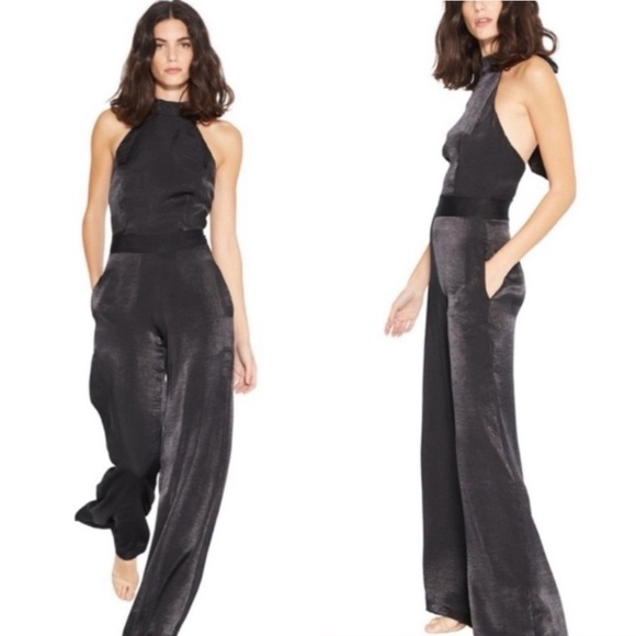 Misa Los Angeles Xandra Black Hammered Satin Wide Leg Halter JumpsuitM Party